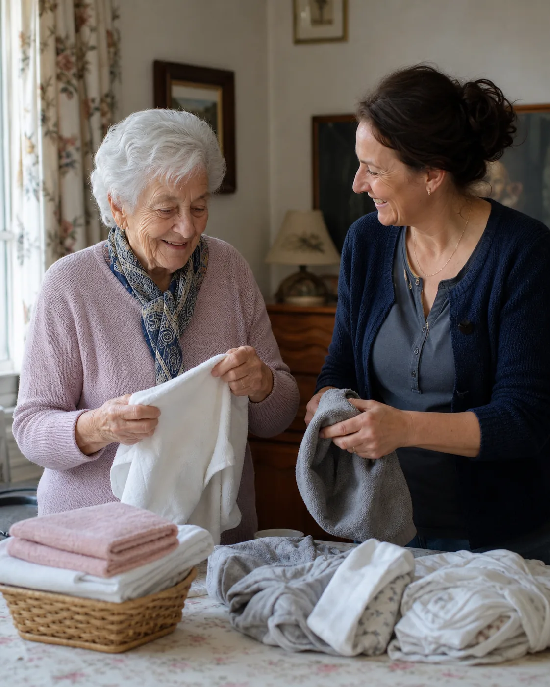 Une aide à domicile et une personne âgée plient du linge ensemble